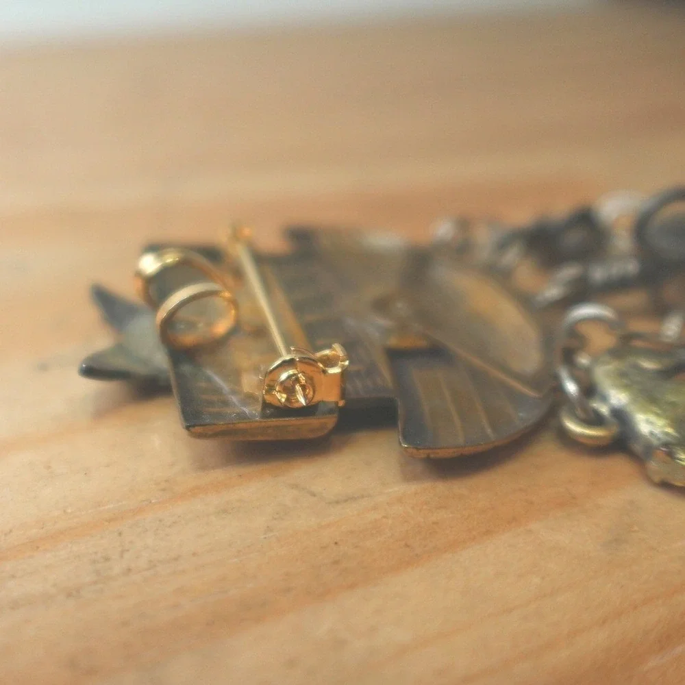 Vintage Noah's‎ Ark Brooch or Pendant Bronze & Silver Tone 4 inch Dangle Jewelry